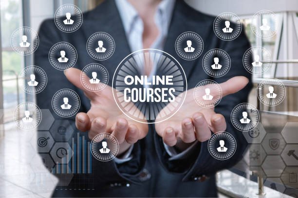 A businesswoman is showing a digital system of human figures icons with the online sign inside. The concept is the online business course principle